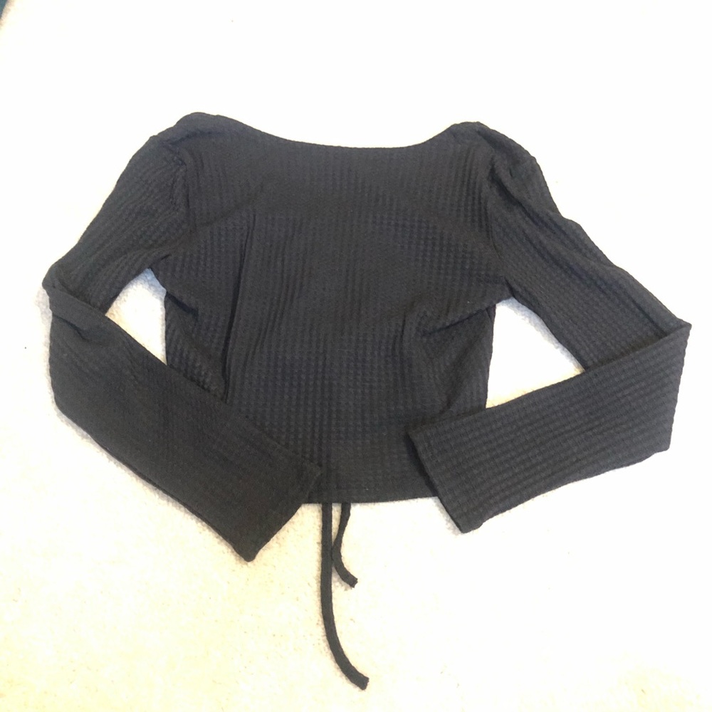 Drawstring Ruched Front Rib-knit Crop Tee - Picture 3 of 3